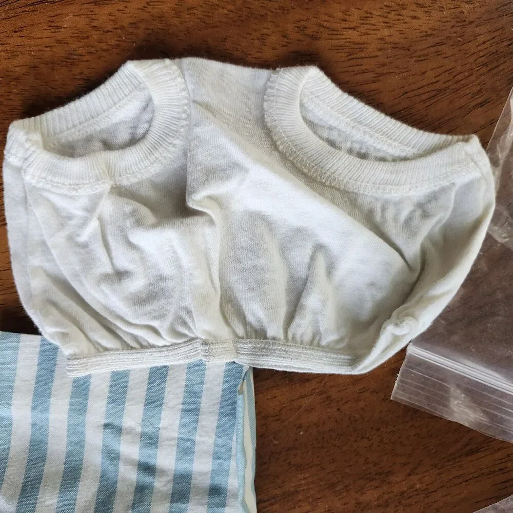 Vintage Style Doll Clothes Lot Blue Striped Romper White Panties Apron Socks